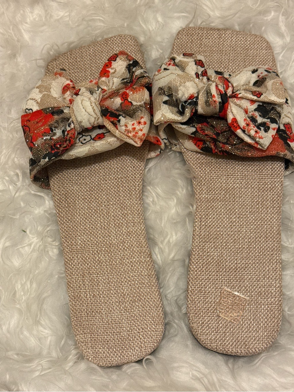 Floral Knot Bow Slide Sandals in Neutral and Red